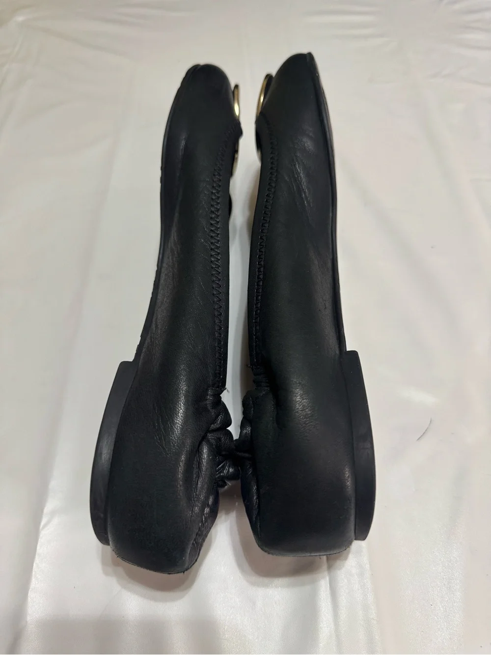 Tory Burch Black Leather Ballet Flats with Gold Logo Medallion size 8.5